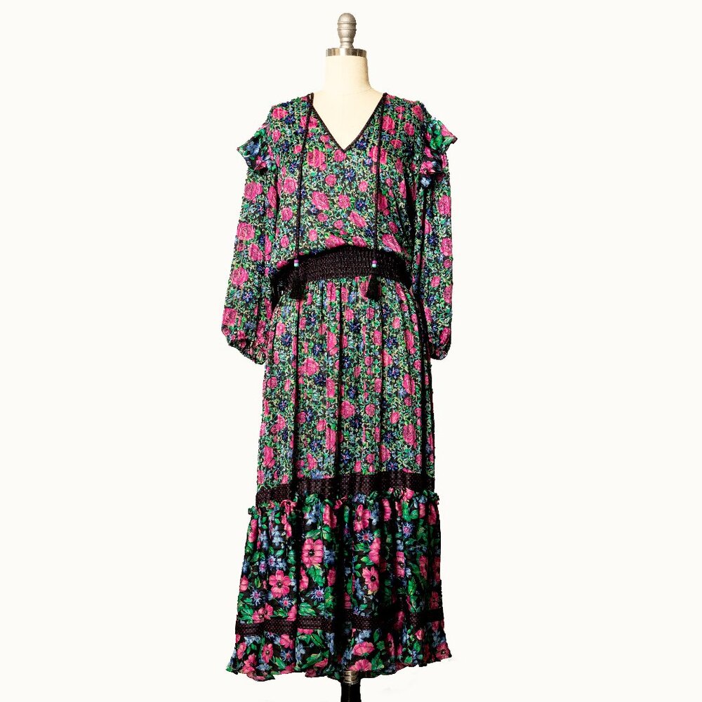 Diane Freis Beaded Floral Ruffle Polka-Dot Peasant Tassel Tiered Retro Dress